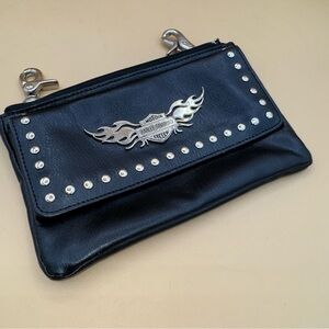 Harley Davidson Leather Studded Zip Closure Clip-on Hip Bag Belt Pouch, EUC